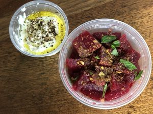 Citrus-marinated red beets with chopped pistachios, black pepper, ricotta and olive oil makes a tempting starter at bar Vetti.