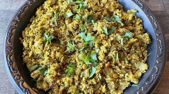 Ordered mild, egg bhurji still hits your palate with a pleasant warming note. It's Gujarati-style eggs mixed with mild spices and veggies chopped as fine as grains of rice.