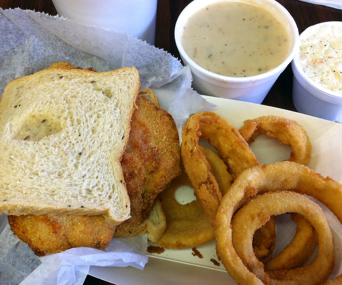 fish on rye and onion rings