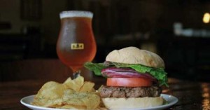 burger, chips and beer