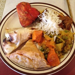 Chicken, samosas, rice