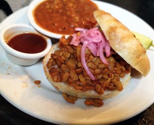 vegan burger, baked beans