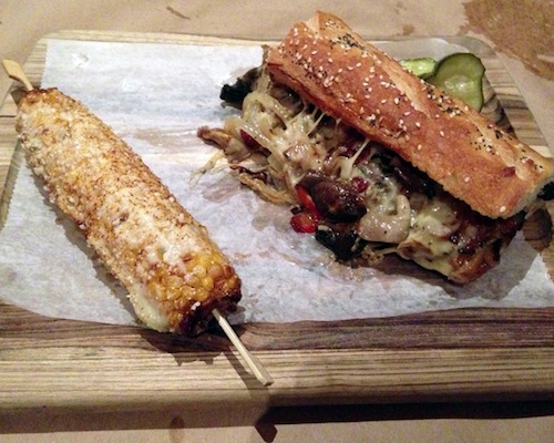 Mushroom cheesesteak and elote at Mussel & Burger Bar