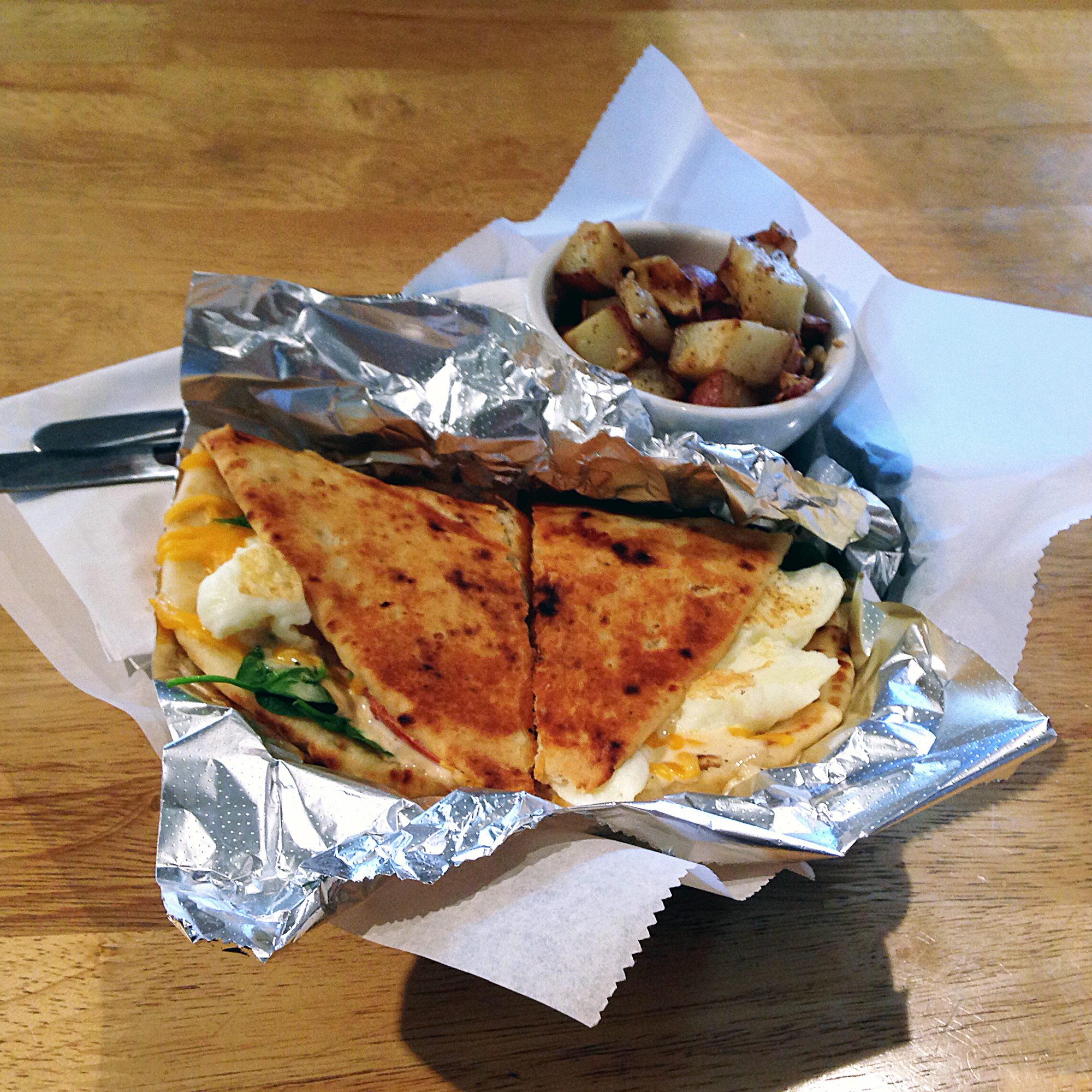The breakfast naan quesadilla at Earth Friends Cafe