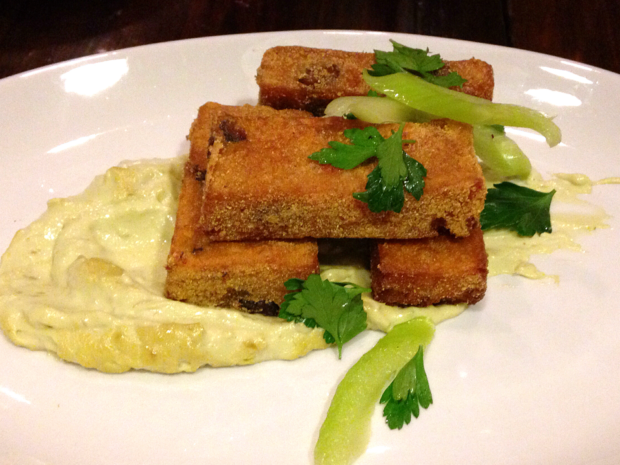 Polenta and black-beanfritters at Exchange Pub + Kitchen.