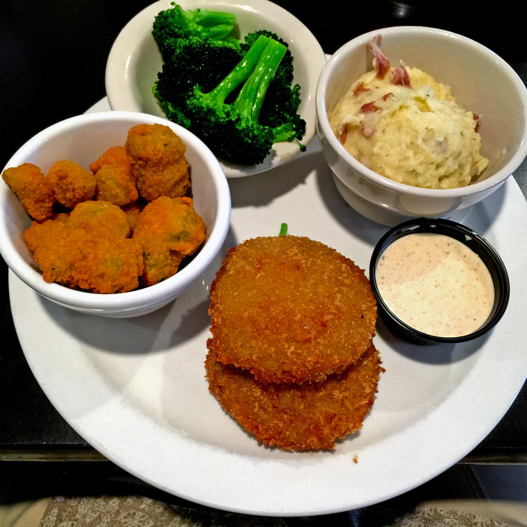 Fried green tomatoes, fried okra, steamed broccoli and mashed red potatoes at Goose Creek Diner.