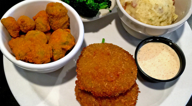 Fried green tomatoes, fried okra, steamed broccoli and mashed red potatoes at Goose Creek Diner.