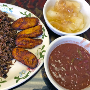 Yoli's Cafeteria Cuban Restaurant's maduros with black bean rice, fried plantains, yuca and red beans