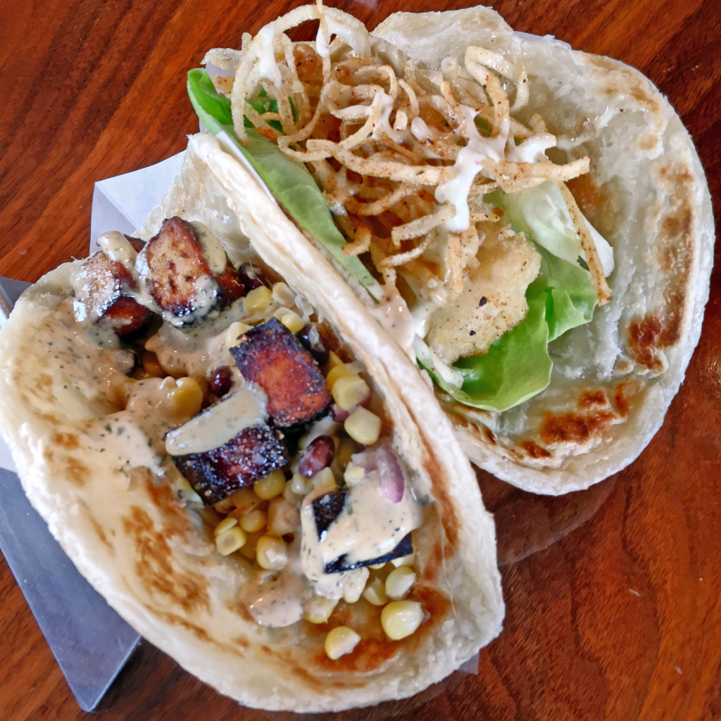 A pair of roti at the Hub Cafe: Bees Knees and The Wizard