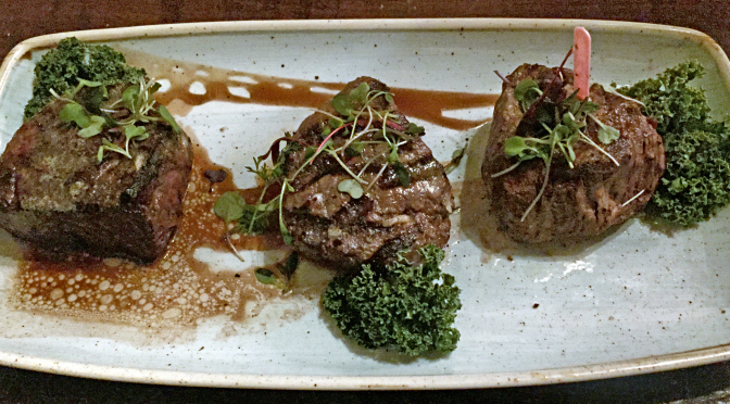 Le Moo’s 18-ounce tenderloin flight: Wagyu, Prime and Choice