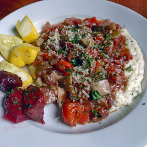 Ratatouille over Weissenberger Mill grits, a Chef’s Vegetarian Offering of the Day at the Trustees’ Table.