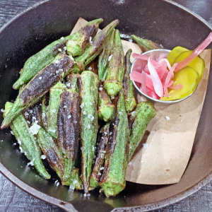 Guy Fieri’s Smokehouse’s charred okra and pickles.