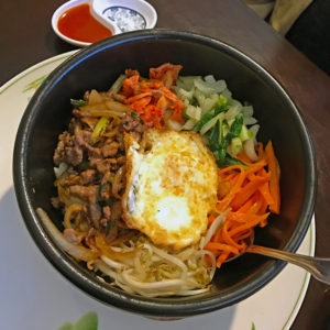 Rice Bowl’s Bibimbap in a hot stone pot with Bulgogi.