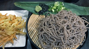 Hiko-A-Mon’s zaru-soba, cold summer buckwheat noodles, with a tempura “pancake.”