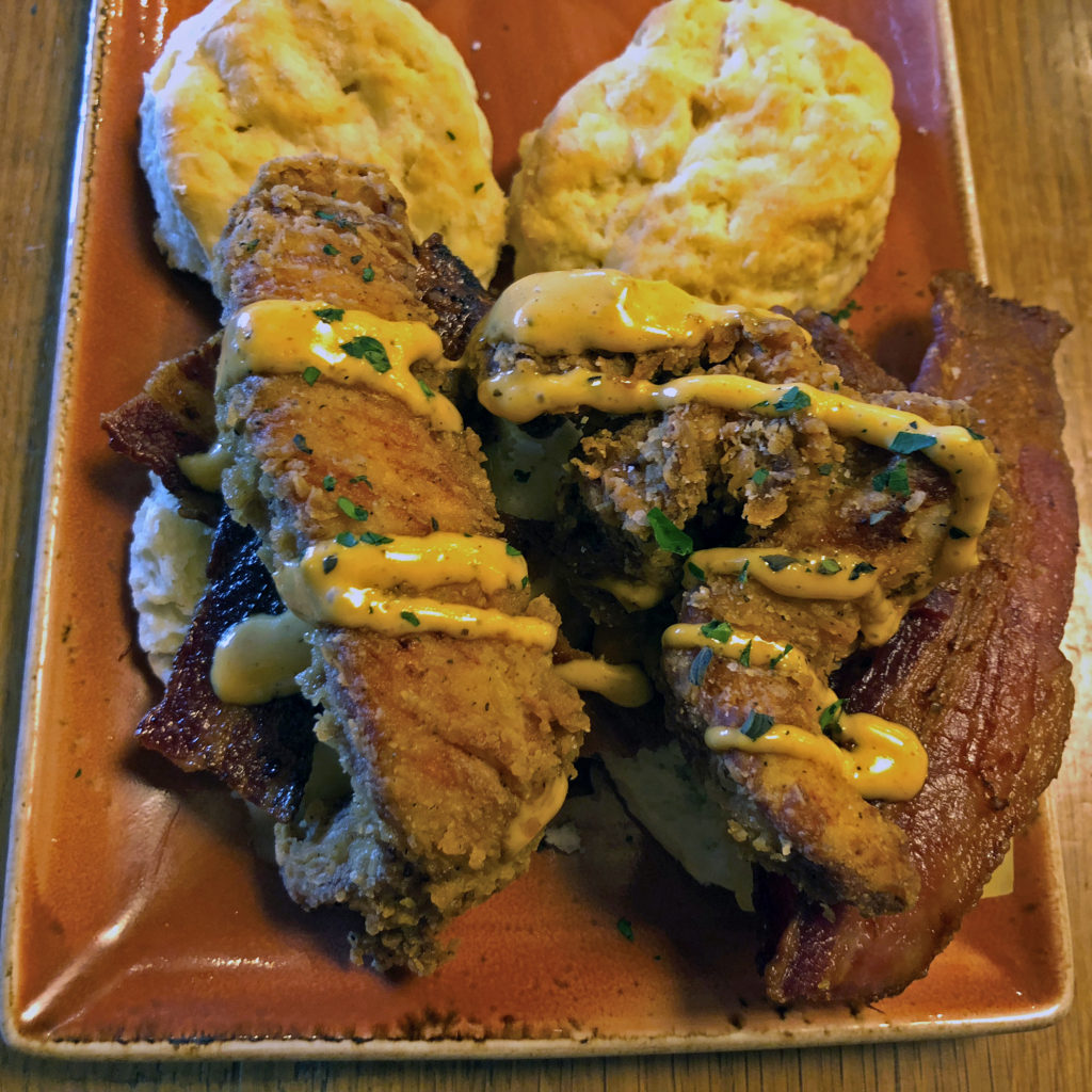 Chicken biscuit sliders on LouVino’s Sunday brunch menu.