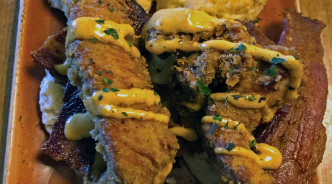 Chicken biscuit sliders on LouVino’s Sunday brunch menu.