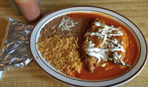 Chiles rellenos with rice and beans at La Lupita.
