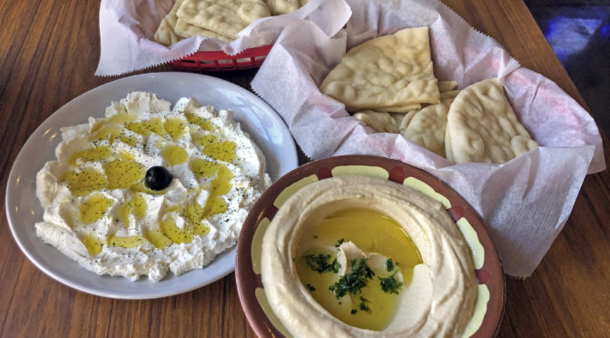 Appetizers at Aladdin’s: Silken labneh yogurt cheese and an intense, creamy hummus.