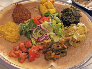 Combo plate No 1 at Abyssinia, served on a large round of injera