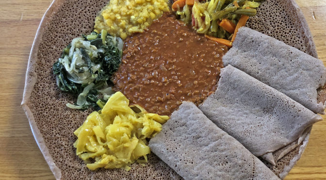 The Ethiopian lunch sampler on injera at Addis.