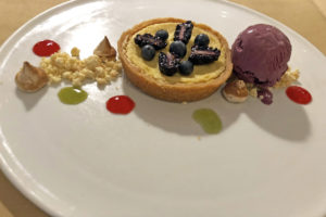 Lemon-curd tart with huckleberry ice cream at Anoosh Bistro.