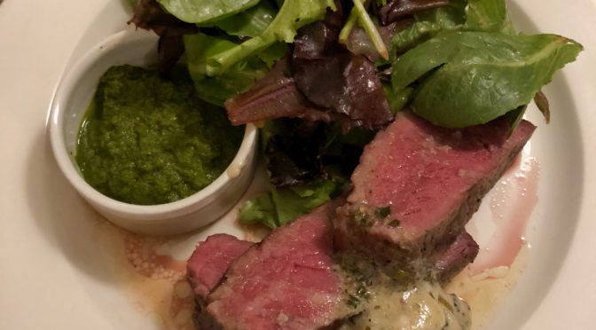 Dry-aged strip steak at the Pine Room, seared pretty pink medium-rare exactly as ordered.