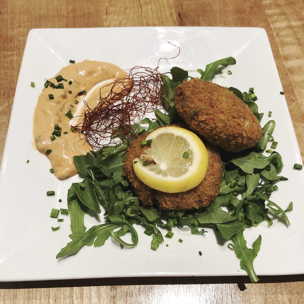 The fool-the-palate crab cakes at V-Grits are actually made from green jackfruit.