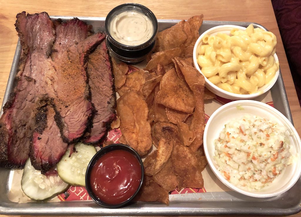 Joe’s Older Than Dirt’s brisket platter with slaw, macandcheese, and housemade chips