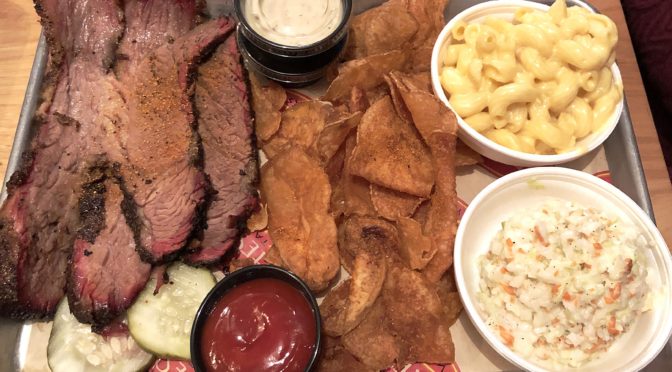 Joe’s Older Than Dirt’s brisket platter with slaw, mac-and-cheese, and house-made chips.