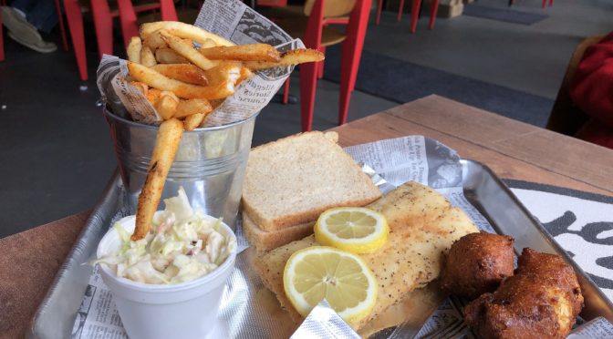 The Hooked on Frankfort fish plate features a 10-ounce cod fillet plus excellent spicy fries, cole slaw, a couple of hush puppies, and white or rye bread.