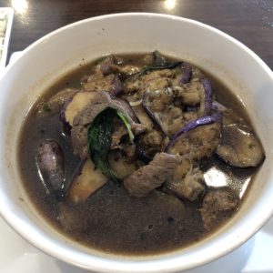Simply Thai’s Thai-style eggplant with beef is dark, rich, and gently sweet.