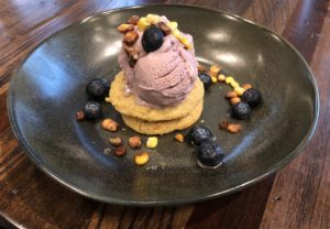 This is not your everyday cookie and ice cream, The 502 Bar & Bistro presents a generous scoop of blueberry-maple ice cream atop a pair of crisp corn cookies garnished with tiny salted corn nuts.