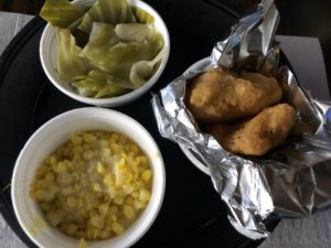 More sides at Shirley Mae’s: Cabbage, butter-fried corn, and hot-water cornbread.