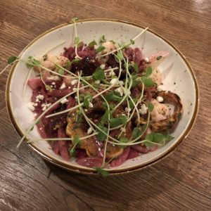 Fall cavatelli at Hearth, golden beet rye pasta with braised beets, cauliflower, and autumn squash.