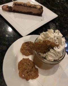 Salted caramel pot de creme (foreground) and double chocolate stout terrine from Mesh’s dessert menu.