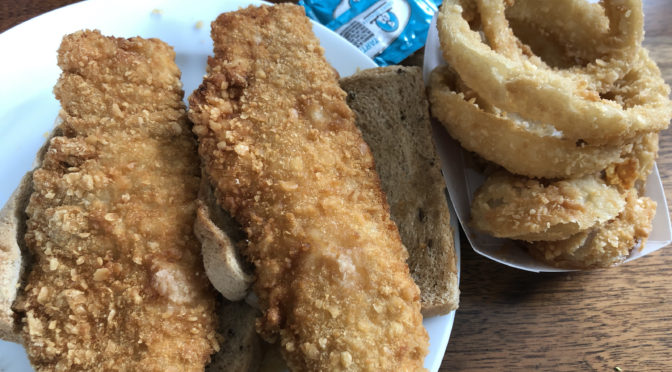 Moby Dick's Whale sandwich and onion rings.