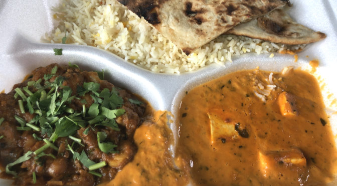 The free veggie lunch at Dakshin offers paneer tikka masala, veggie masala, naan and rice.