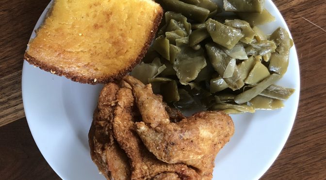 Big Momma's fried chicken was outstanding, crisply breaded, juicy, and lightly spiced with cayenne. It's shown here with delicious green beans and a chunk of cornbread.