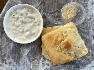 The Lite biscuit with honey-maple butter and a small dish of mac & cheese made with three-cheese sauce.