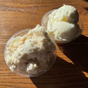 Two scoops from Homemade Ice Cream and Pie Kitchen: Cinnamon (left) and coconut flake.