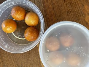 The Tikka House lunch pack includes a tub of Gulab Jamun, a popular Indian fried dessert: milky cheese balls soaked in cinnamon sugar syrup.