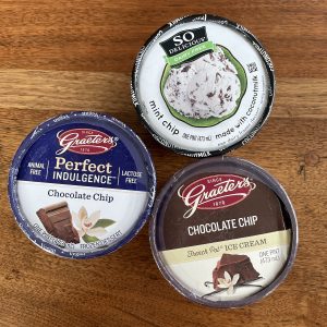 Three tubs of ice cream, two with no cream.