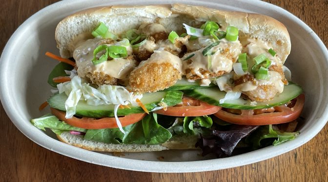 Fried "shrimp" made from konjac, a Southeast Asian tuber, become persuasive in the context of a New Orleans-style po'boy sandwich.