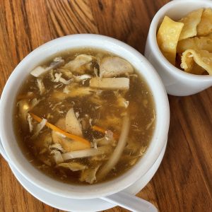 Hot and sour soup is loaded with ingredients and touched with gentle heat.