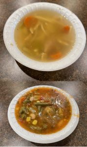 Chicken noodle (top) and vegetarian vegetable soups.