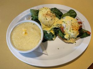 Looks like eggs benedict, but it's greener and more healthy: Wild Egg's Veggie Bennie Florentine piles garlicky sauteed spinach on an English muffin under tasty eggs and hollandaise.