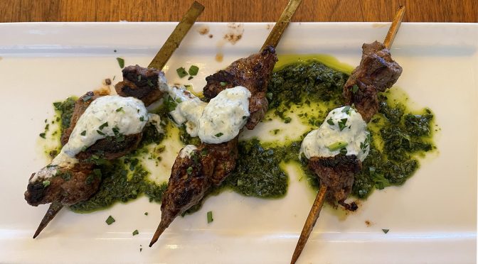 Skewered bits of tenderloin were tasty but cooked to near well-done, with potent Argentine-style chimichurri for flavor contrast.