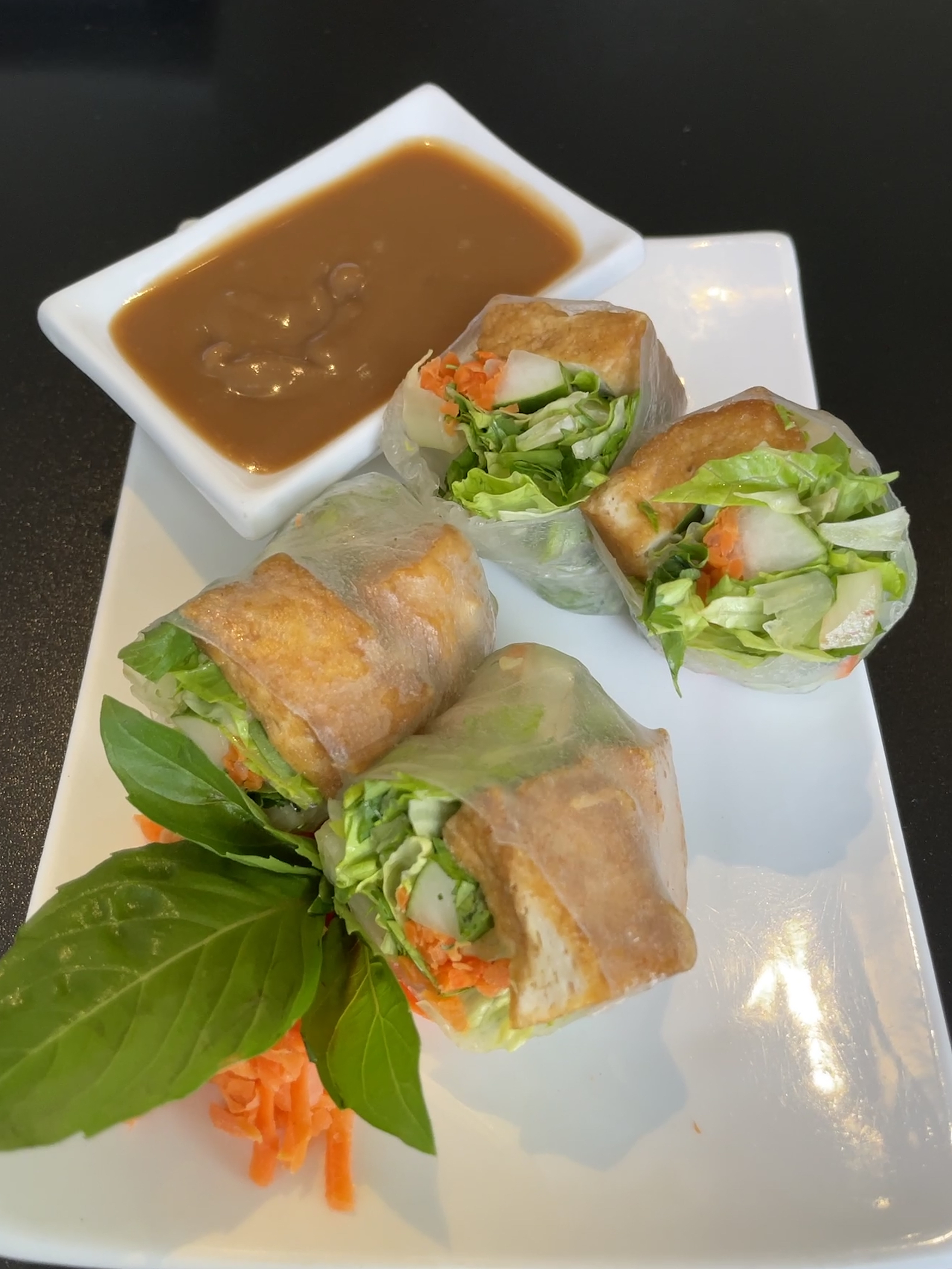 Spring rolls ("rollz" on the Eatz menu) come with your choice of shrimp and pork or tofu rolled in translucent rice paper.