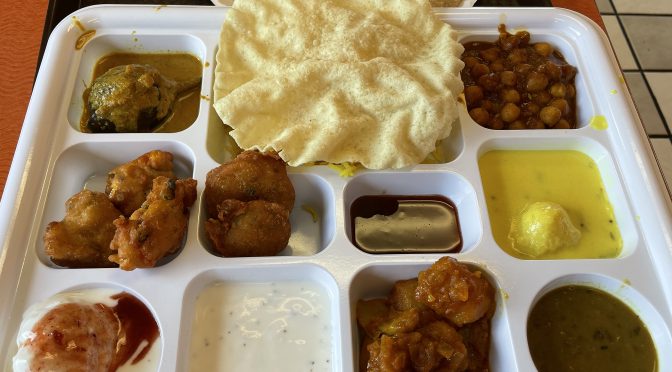 What's a thali? It's a sampler platter that includes small portions of a variety of Indian dishes. Sonal's Kitchen offers a choice of four regional thalis. This one represents North India.