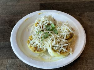 You could call cheese katori Indian Gujurati-style deviled eggs, filled with mashed yolk and attention-getting Indian spice and topped with grated paneer.